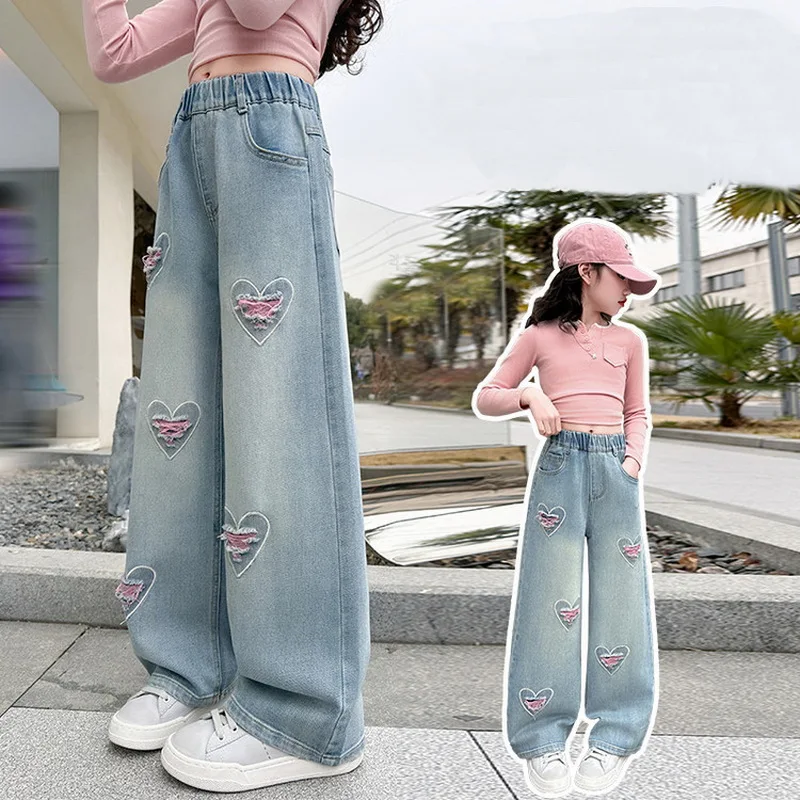 New Heart Shaped Girl Jeans Fashion Ripped Wide Leg Denim Pants For Big Big Girl Spring Summer Casual Cotton Bottoms Trousers