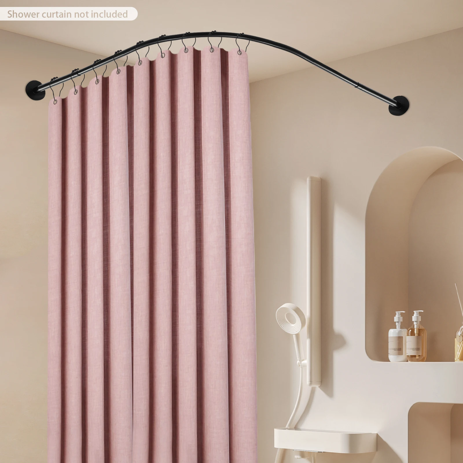 

L-Shaped Corner Shower Curtain Rod No Drill Telescoping Stainless Steel Rail, Adjustable Bathroom Tub Holder with 12 Hooks