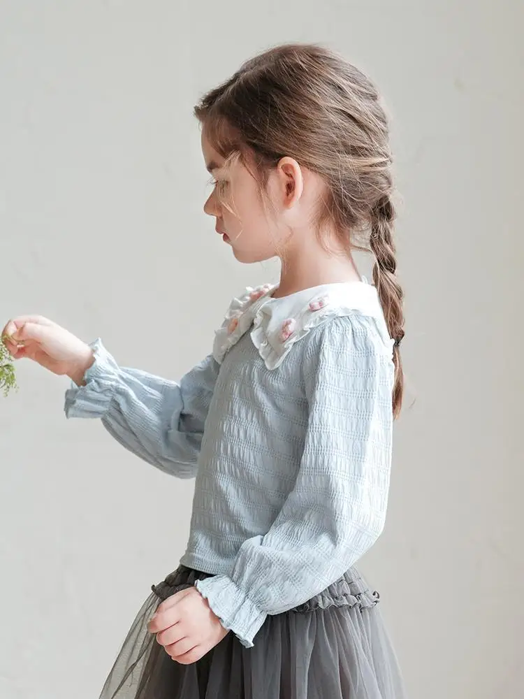 Sweet Light Blue Girls Tshirt Spring Long Sleeve Flower Collar Wrinkled T-shirt Spring Autumn Korean Style Baby Girl Tees