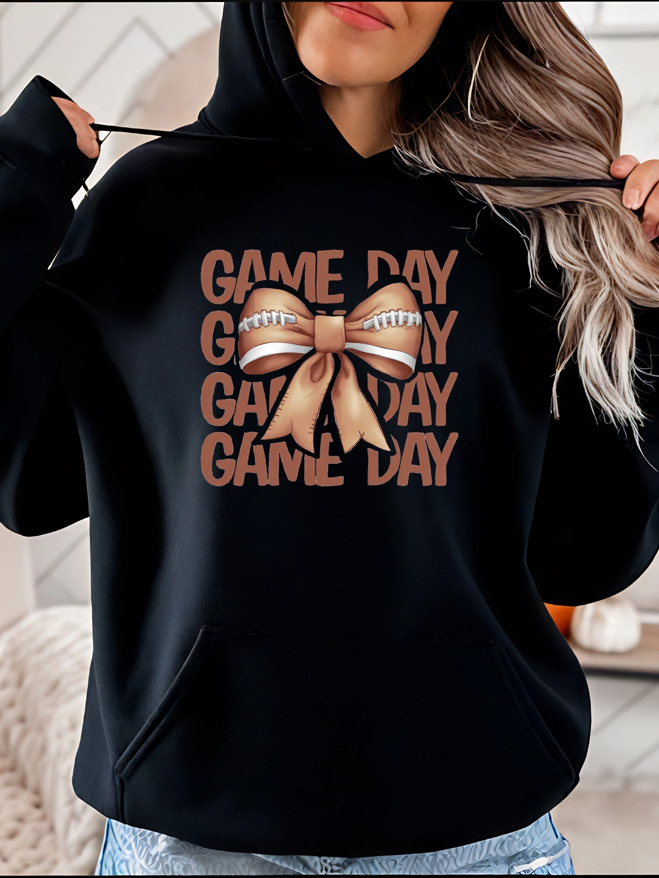 Sweat à capuche Game Day avec imprimé nœud pour femme, sweat-shirt décontracté pour les fans de la saison de Football 280