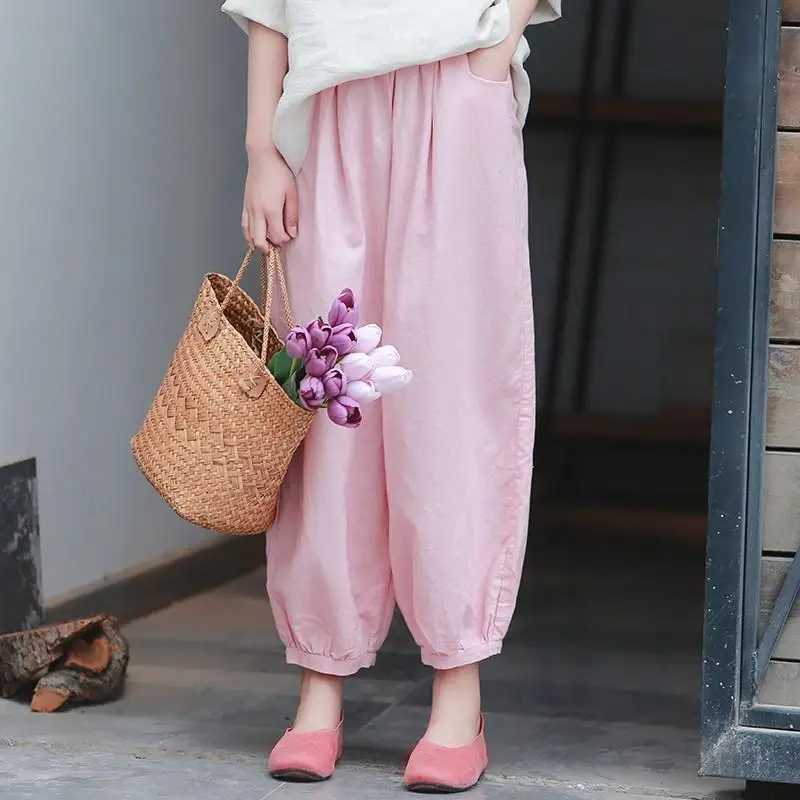 

spring Summer new Solid color Elastic waist ankle length pants women Vintage elegant Pockets patchwork fiberflax Lantern pants