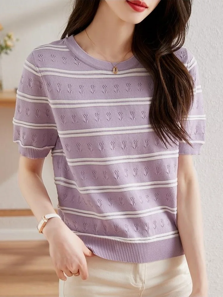 

TuangBiang Summer Stripe Flower Hollowed Out 2023 Cotton Pullover Purple Short Sleeves Knitted T-Shirts Women Evelet Thin Tops
