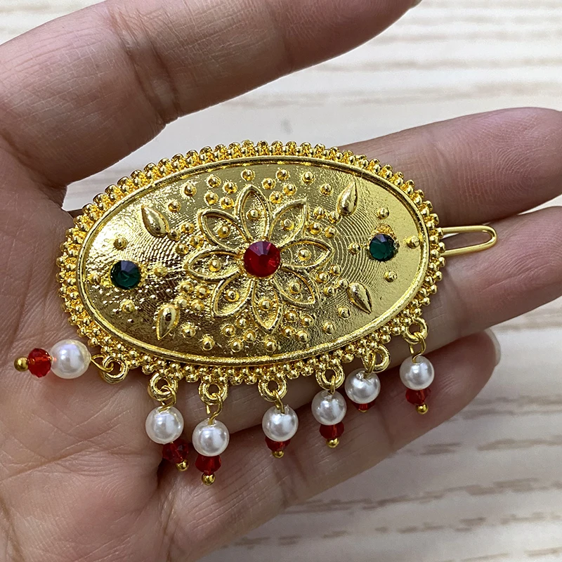 مشبك شعر ذهبي إثيوبي لهدية الزفاف ، ربطة رأس دبي ، لؤلؤة هبانشا ، حجر أحمر وأخضر ، دبوس دبي