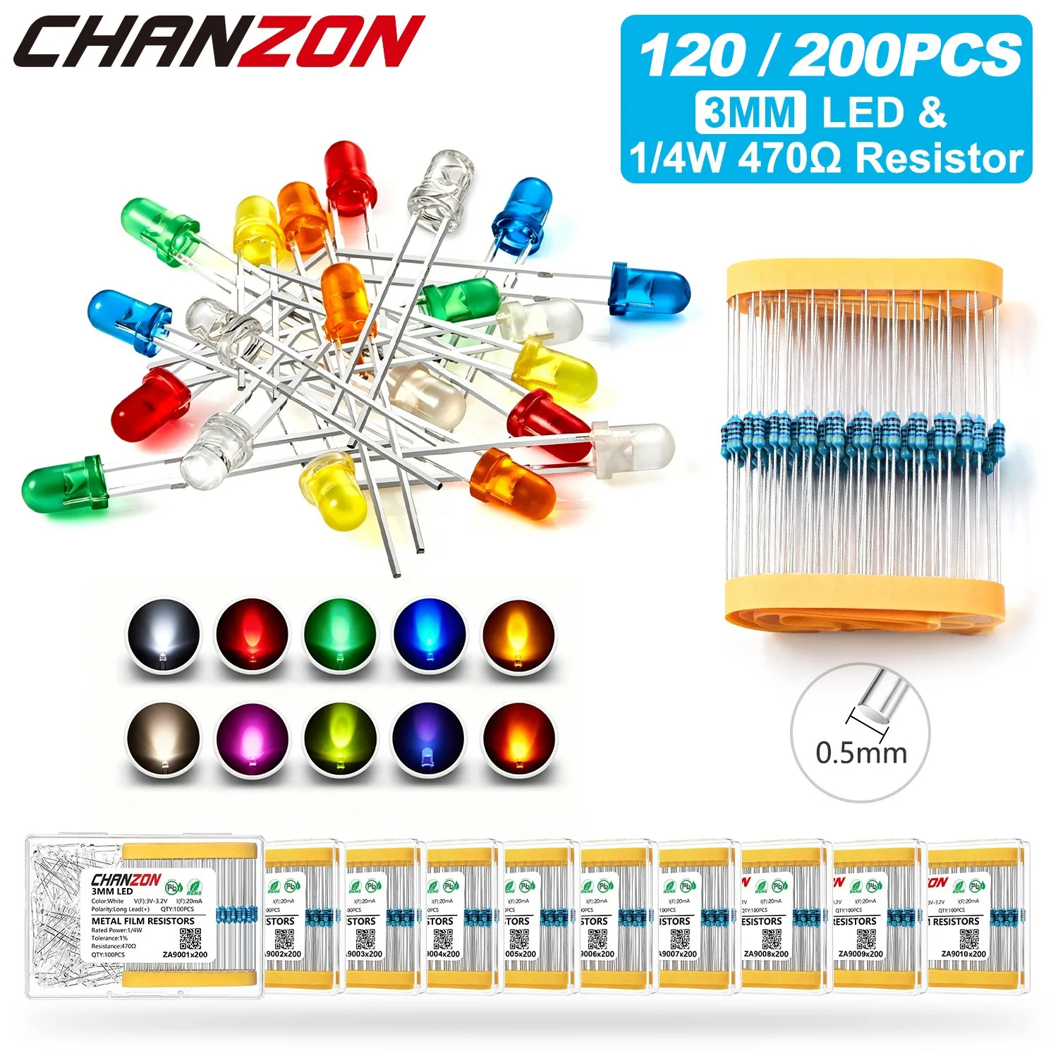 3mm Transparent / Diffused LED Diode Kit & 1/4W 1% 470 Ohm Resistor Emitting Warm White Red Blue Green UV Orange Yellow Pink