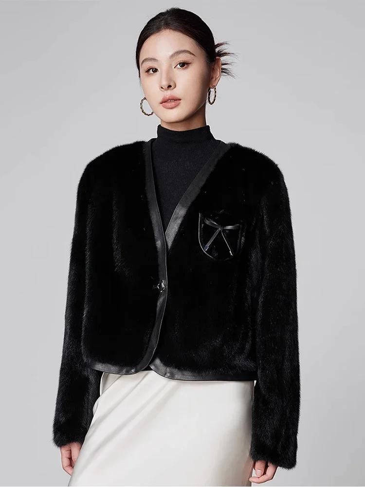 

High-end Luxury Natural Mink Fur Plush Jackets for Women 2026 New Simple V-neck Black Short Winter Genuine Leather Real Fur Coat