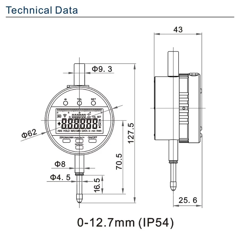 Backlit digital dial meter 0-12.7 mm 0.5μm resolution, rechargeable dial meter with C-type data output