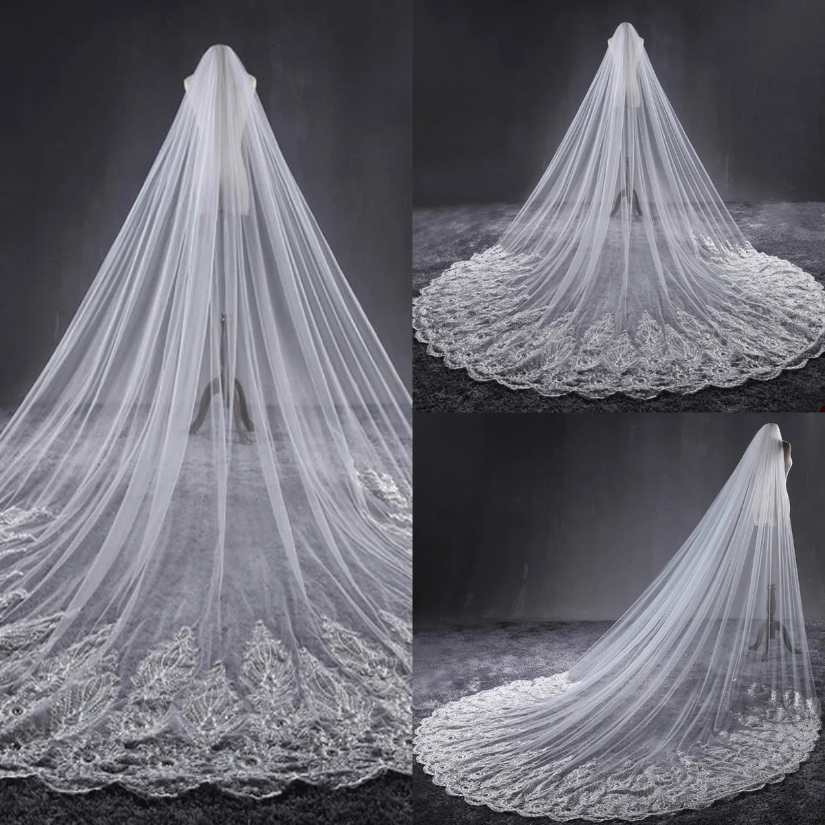 

Gorgeous Wedding Veil Appliques Lace One Layer Long Cathedral Length Veils Applique Edge For Beautiful Bridal Custom Made