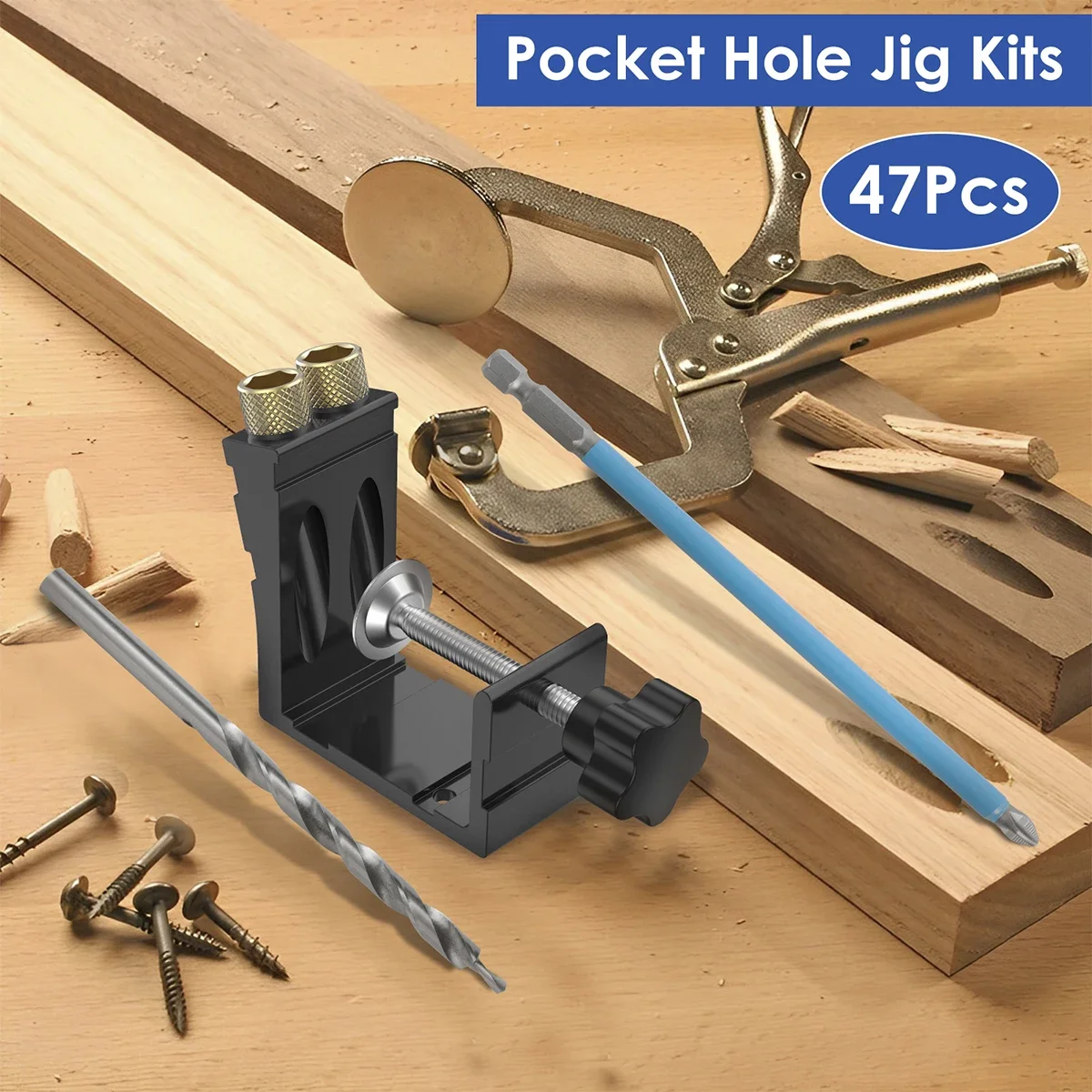 47Pcs Pocket Hole Jig Kit, Metal Pocket Screw Jig Drill Guide, Sturdy 15° Angled Holes Drilling Positioner, for Carpentry