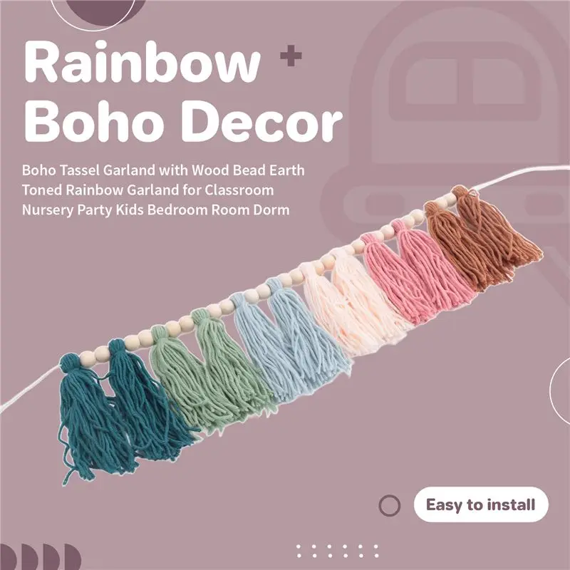 Beauty Boho Tassel Garland With Wood Bead Earth Toned Rainbow Garland For Classroom Nursery Party Kids Bedroom Room Dorm A
