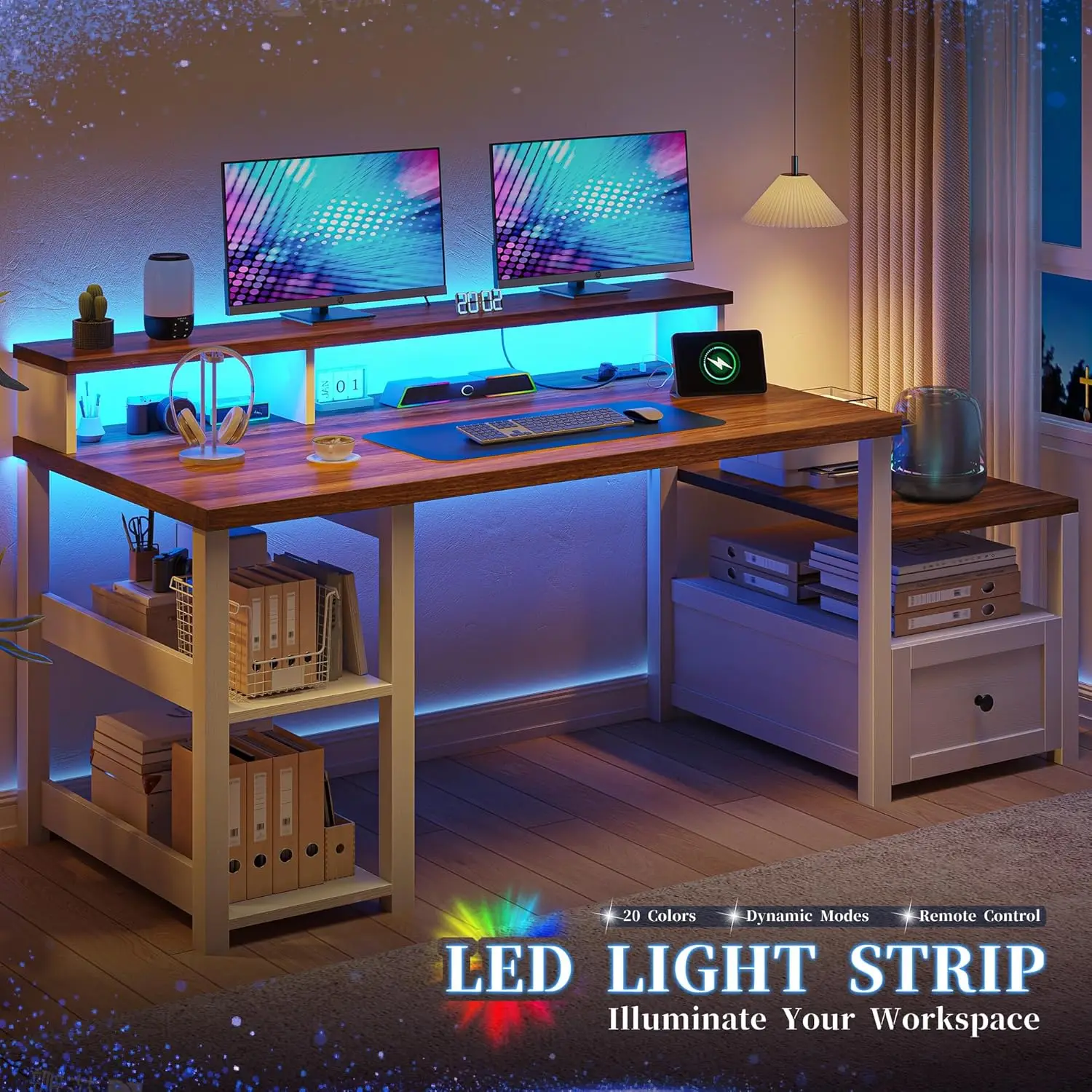 60.4' White Computer Desk with Drawer, LED Light, Monitor Stand & Power Outlet – Farmhouse Study Desk for Home Office