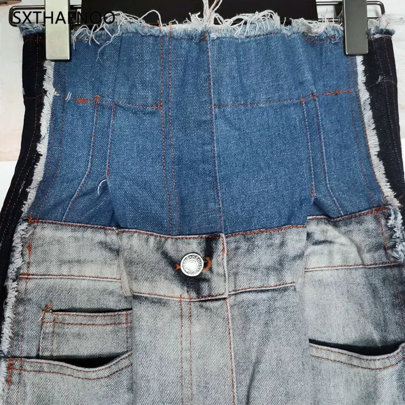 بنطلون جينز نسائي عتيق عالي الخصر وواسع الساق من SXTHAENOO مع كتلة ألوان + حواف مرقعة وحاشية خام #5