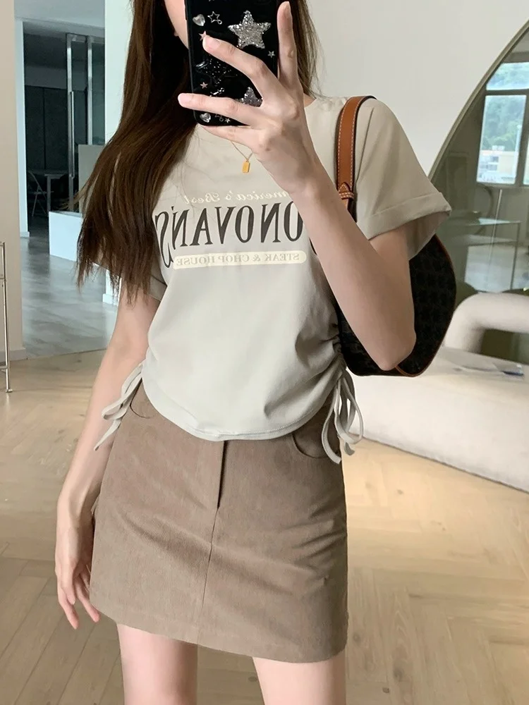 Heavyweight Short Sleeve T-Shirt Women's Summer New Letter Print Gathered Bottom Shirt Short Style Slimming Top Commute Style