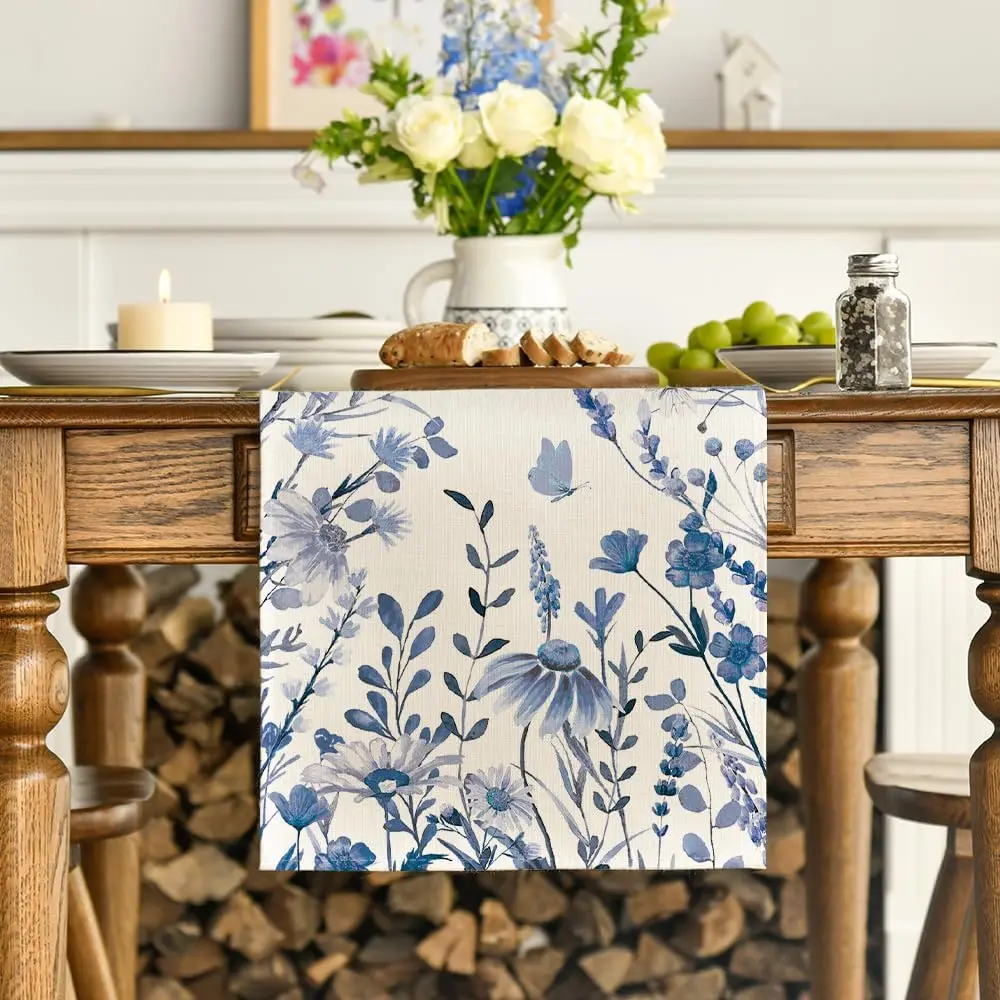 Blue Monochrome Sketch Leaves Floral Linen Table Runner Party Decor Farmhouse Kitchen Dining Table Runner Wedding Decorations