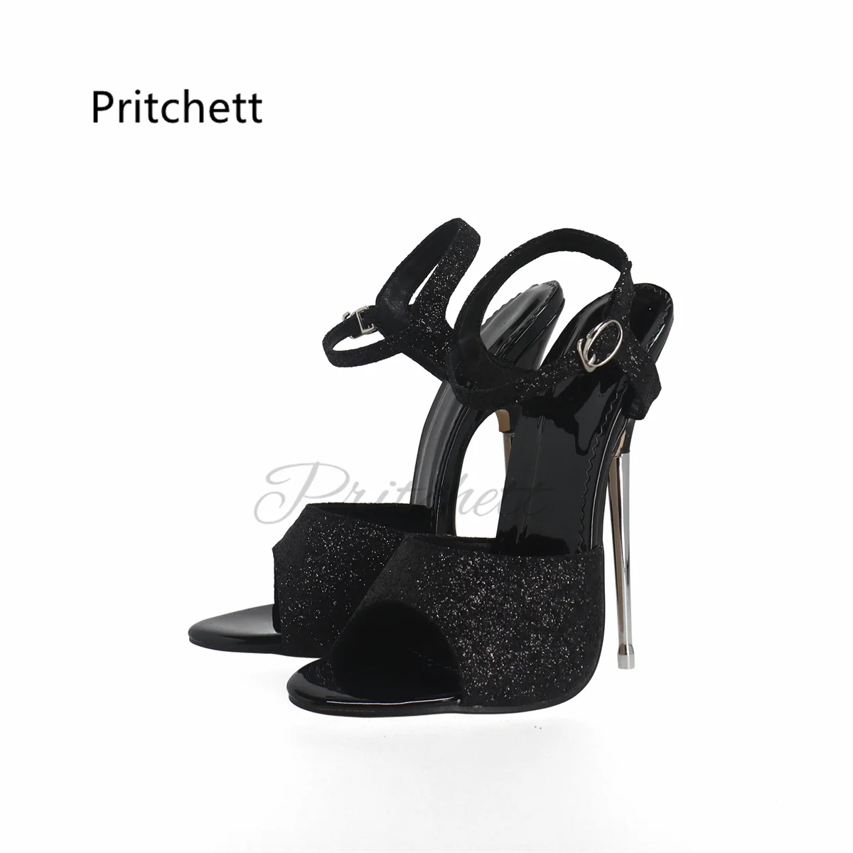 

Metallic Heel Super High Heels Sandals for Women Buckle Strap Stiletto Black Open Toe Summer Shoes Runway Party Nightclub Shoes