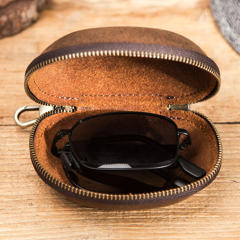 Vintage Cow Leather Protable Folding Sunglasses Protector Travel Pack Pouch Glasses Case Zipper Box Hard Eyewear