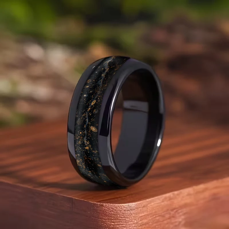 SUNFLOWERZHU Starry Night Meteorite Inlay Wedding Band Steel Ring Unique Jewelry Fashion Men Black Stainless Steel Rings