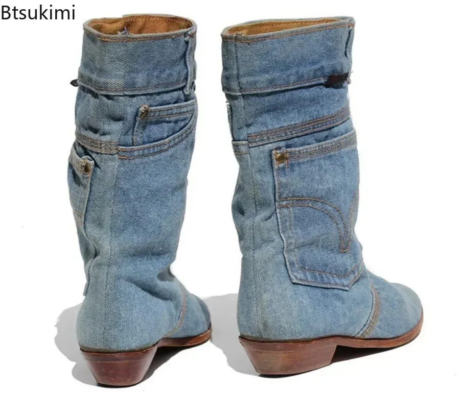 New 2024 Women\'s Denim Mid Calf Boots Low Heel Casual Short Boots Female Jeans Leather Pointed Toe Cowboy Boots Big Size 34-43