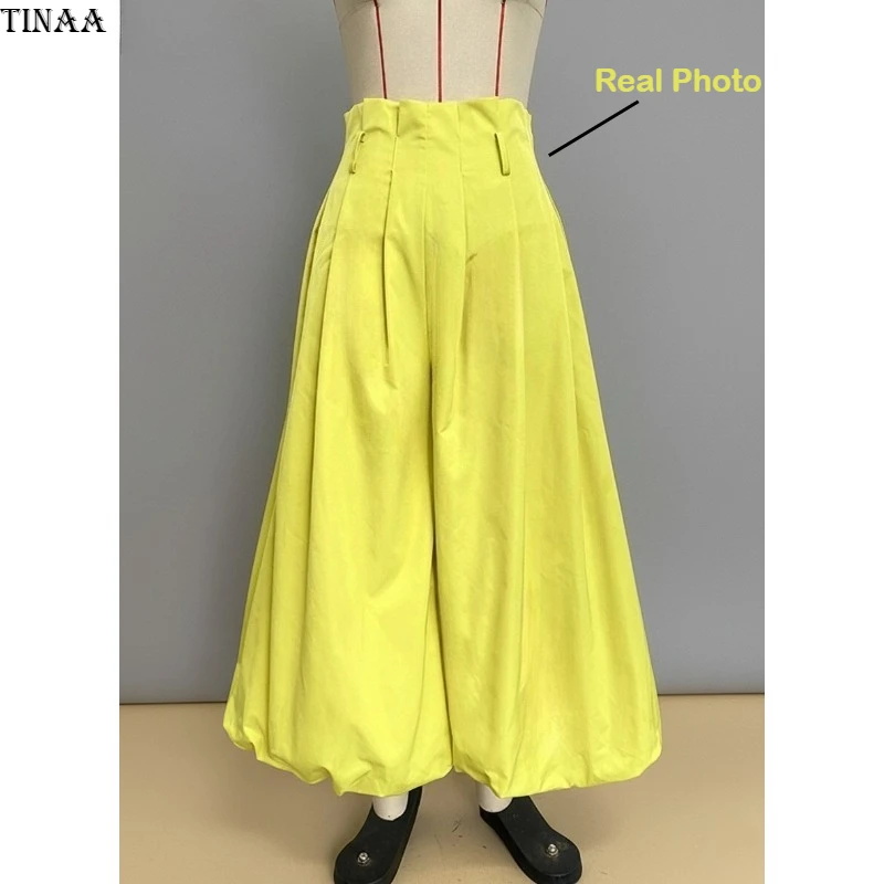 

Tinaa Yellow Green Skirts Pants Woman 2025 Oversized Pleated High Waist Casual Commuting Female Wide Knickerbockers 181989
