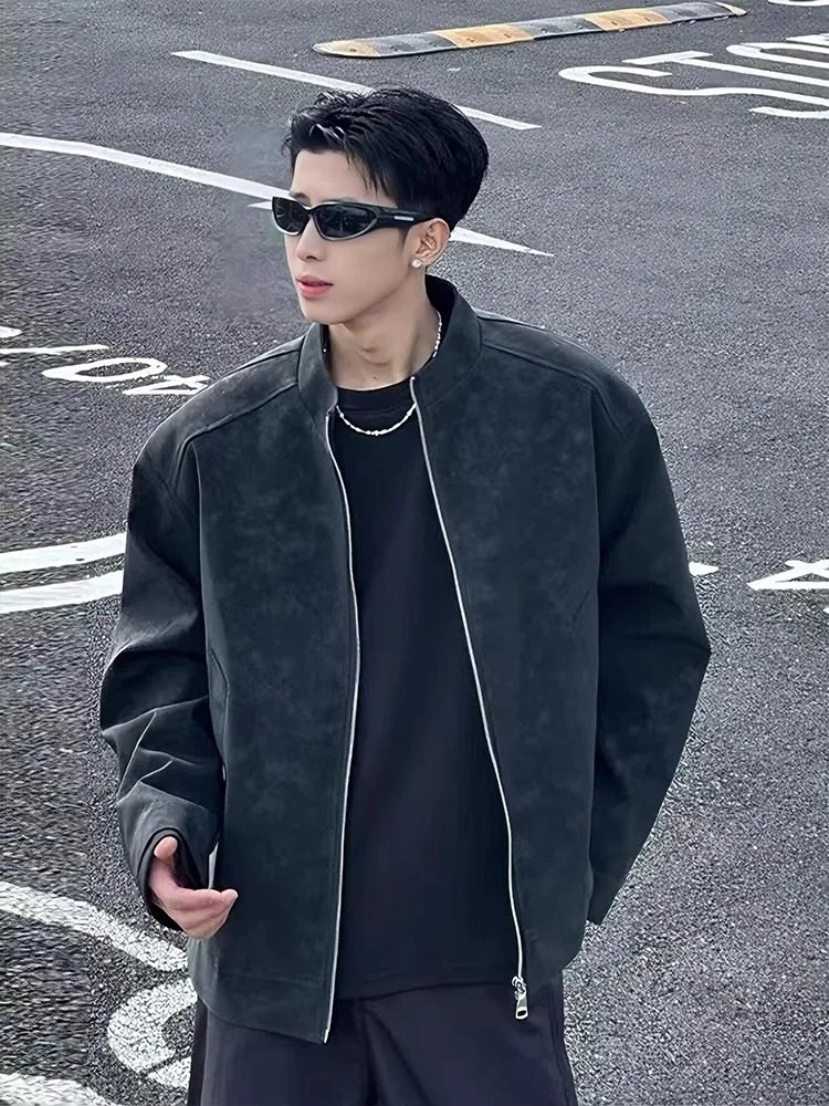 

Cleanfit Men's Dyed PU Leather Jaet Spring American High Street Cool Motorcycle ort Baseball Sle Zipper Closure Outerwear