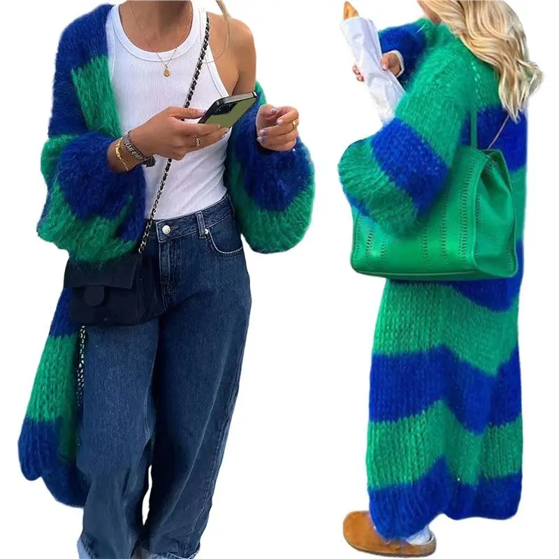 

【HAPPYH】Females Цветные полосатые кардиганы, свитера, свободный вязаный длинный кардиган с открытой передней частью