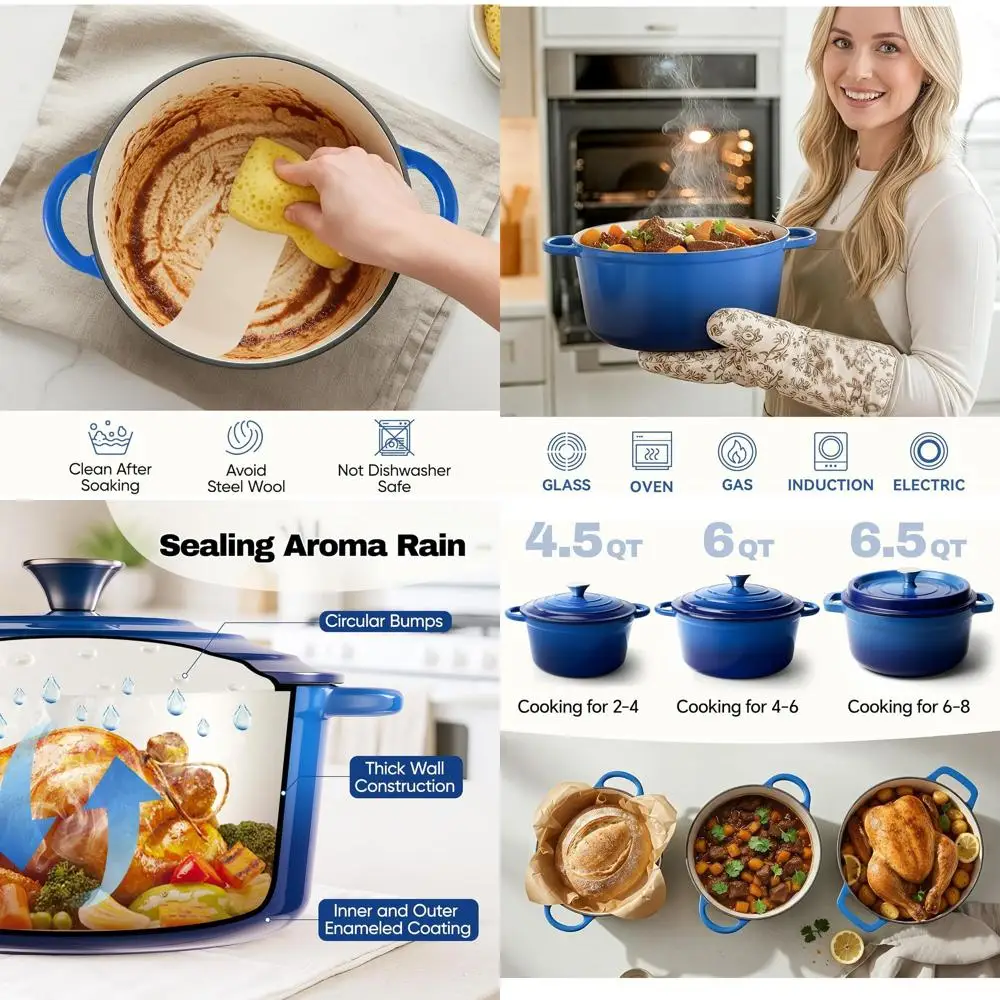 

Enameled Cast Iron Dutch Oven, 7-Quart, Non-Stick, Oven-Safe up to 500°F, Ideal for Baking, Braising, Stews, and Roasting, Blue