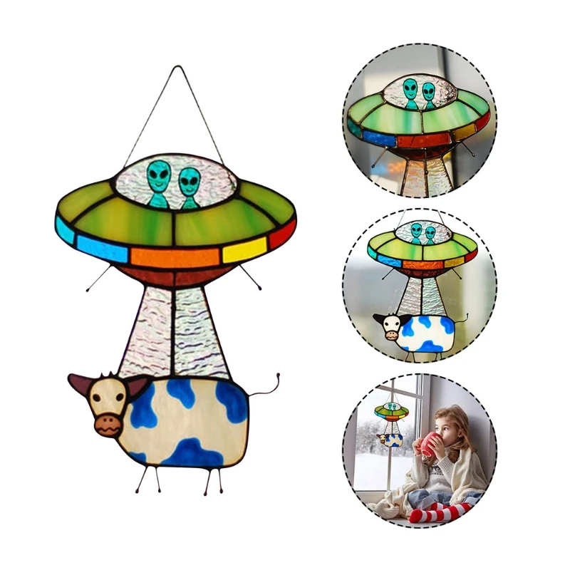 Painted UFO Pendant Cow Stained Glass Suncatcher Window Panel Door Hanging Garden Home Decoration