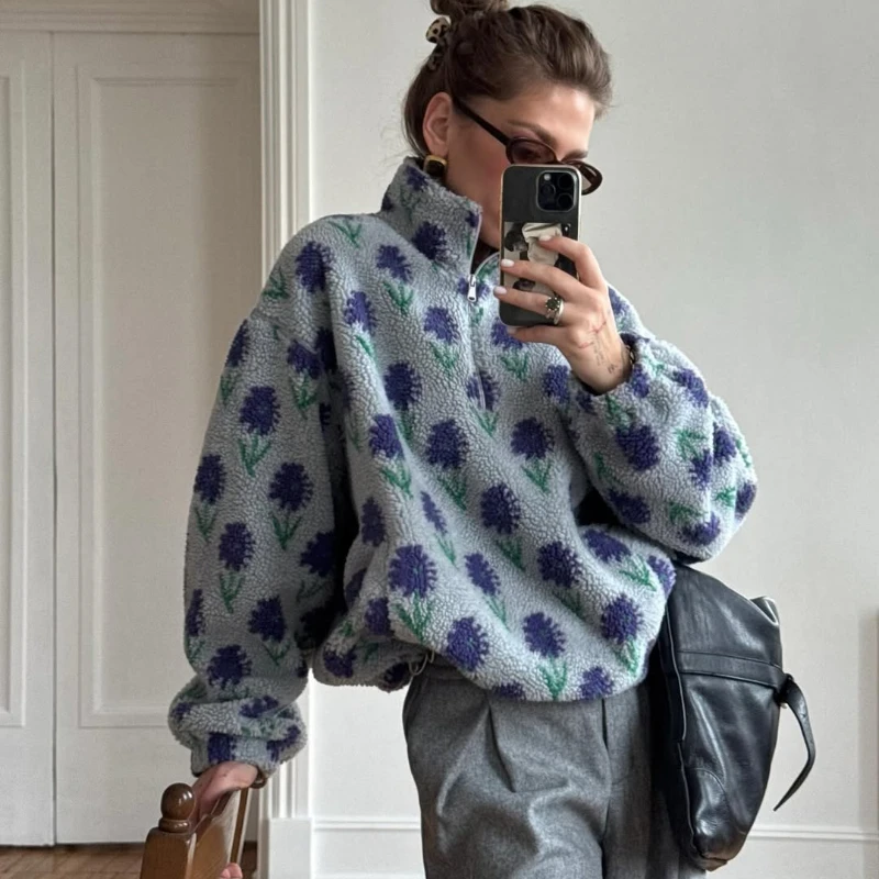 

TARUXY Fleece Printing Sweatshirt Women's Half-Zip Sweatshirt Fleece Loose Turtleneck pullover Female Winter Leisure Sweatshirt