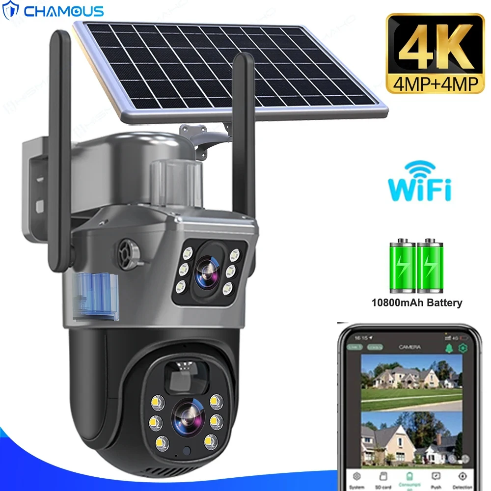 4K 8MP WiFi  Solar Camera Outdoor Battery WiFi IP Cam Dual Lens Dual Screen Security-Protection Wireless Surveillance CCTV