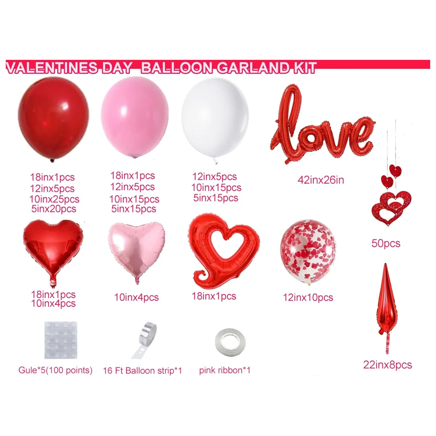 Valentine's Day Balloon Arched Garland Set with Pink White Red Confetti Heart-Shaped Balloon Love Heart Aluminum Foil Balloon Explosion Star Balloon Rose Petals Anniversary Wedding Romantic Decoration