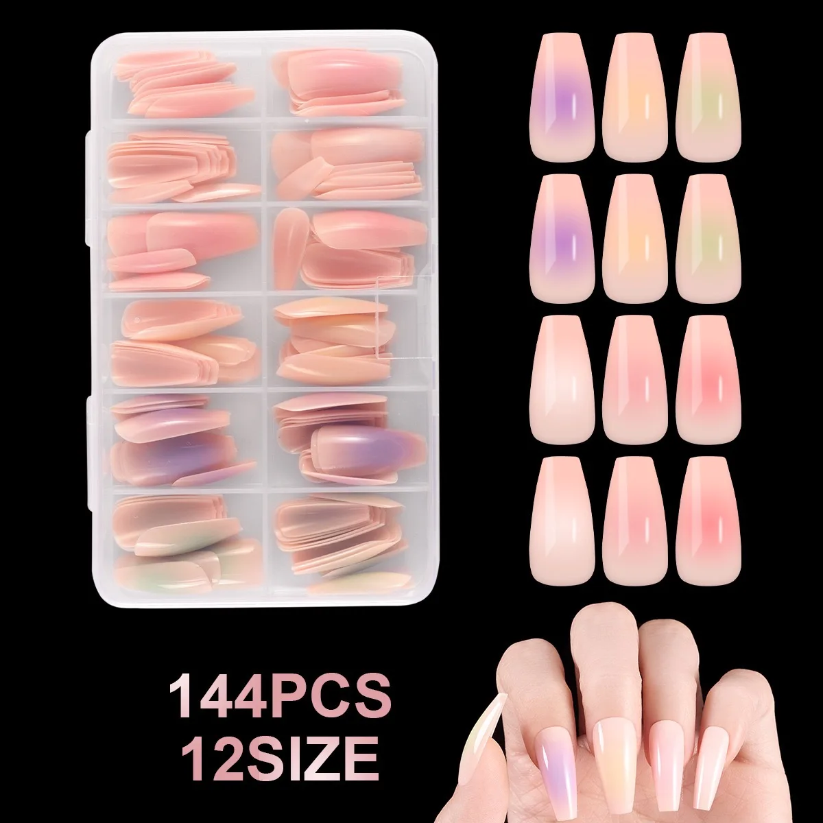144 piece boxed French style gradient seamless wearable nail, trapezoidal shape, detachable nail art French nail fake nail, suit