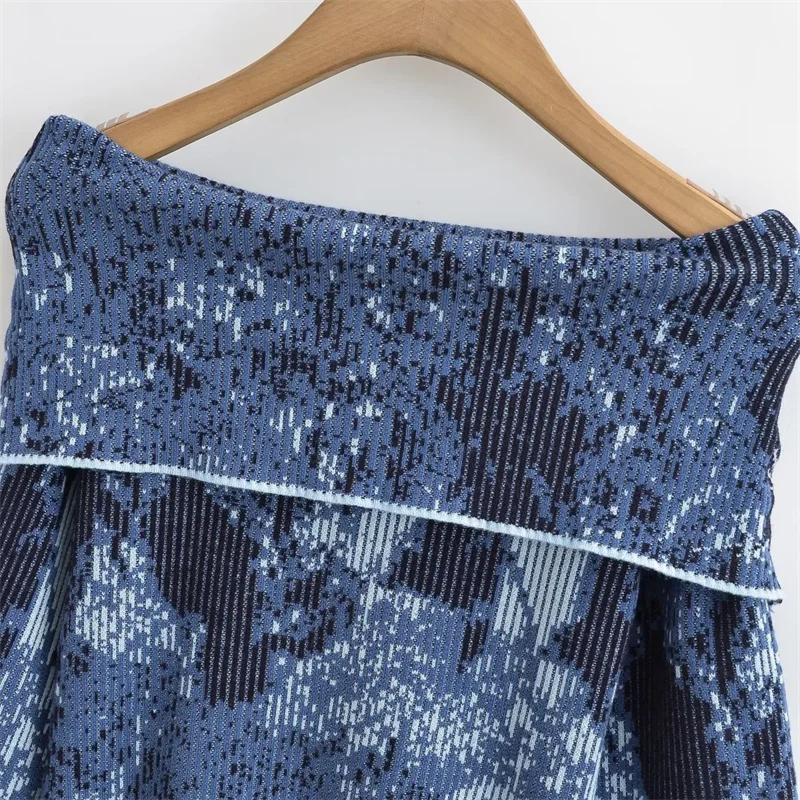 KEYANKETIAN Winter New Women's Gradient Blue Tie-Dye Printed Slash neck Sweater Pullover Chic Sexy Slim Short Knitwear Crop Top