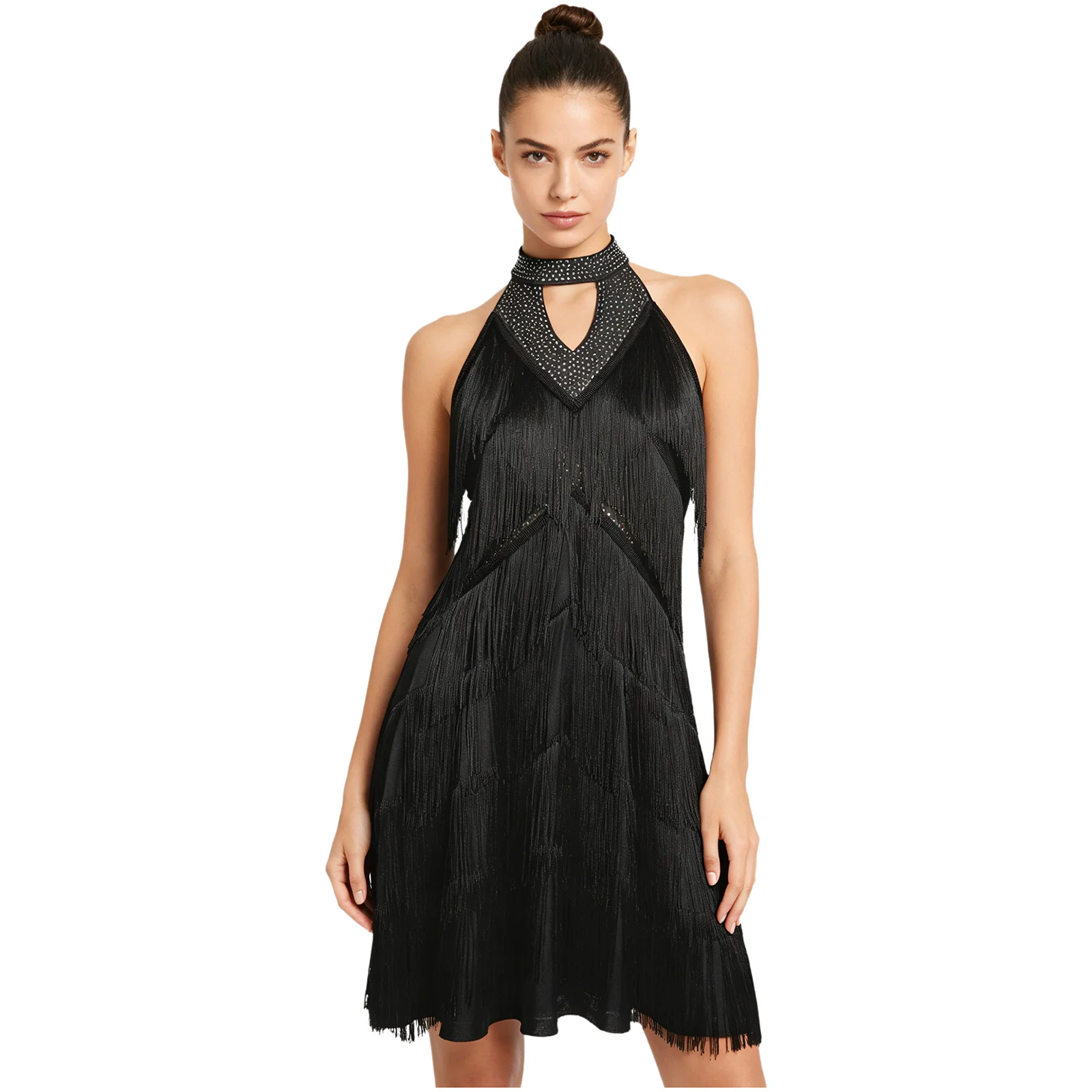 

Womens Female Latin Tango Dance Dress Rhinestones Tiered Tassel Backless Halter Fringed Dress for Recital Spring Performance