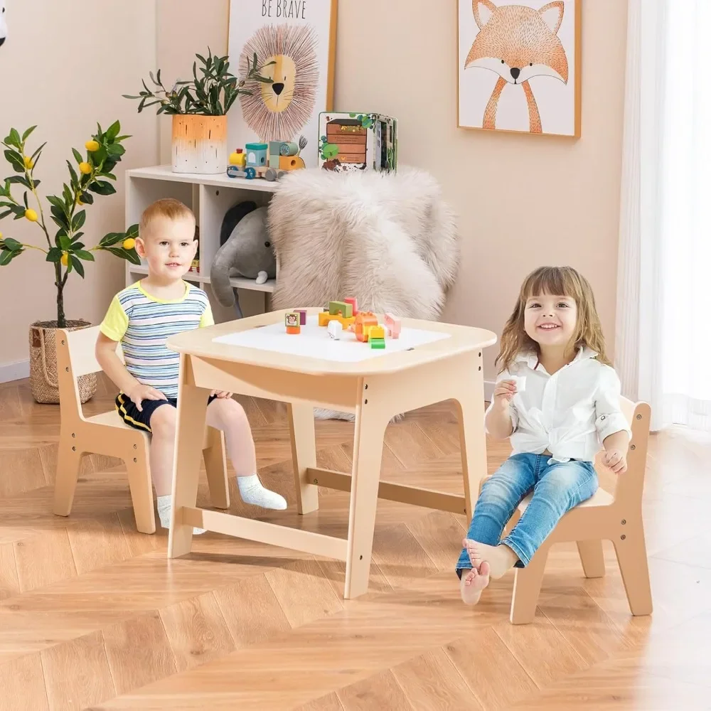 Kids Table and Chair Set, 3 in 1 Wooden Activity Table with Removable Tabletop