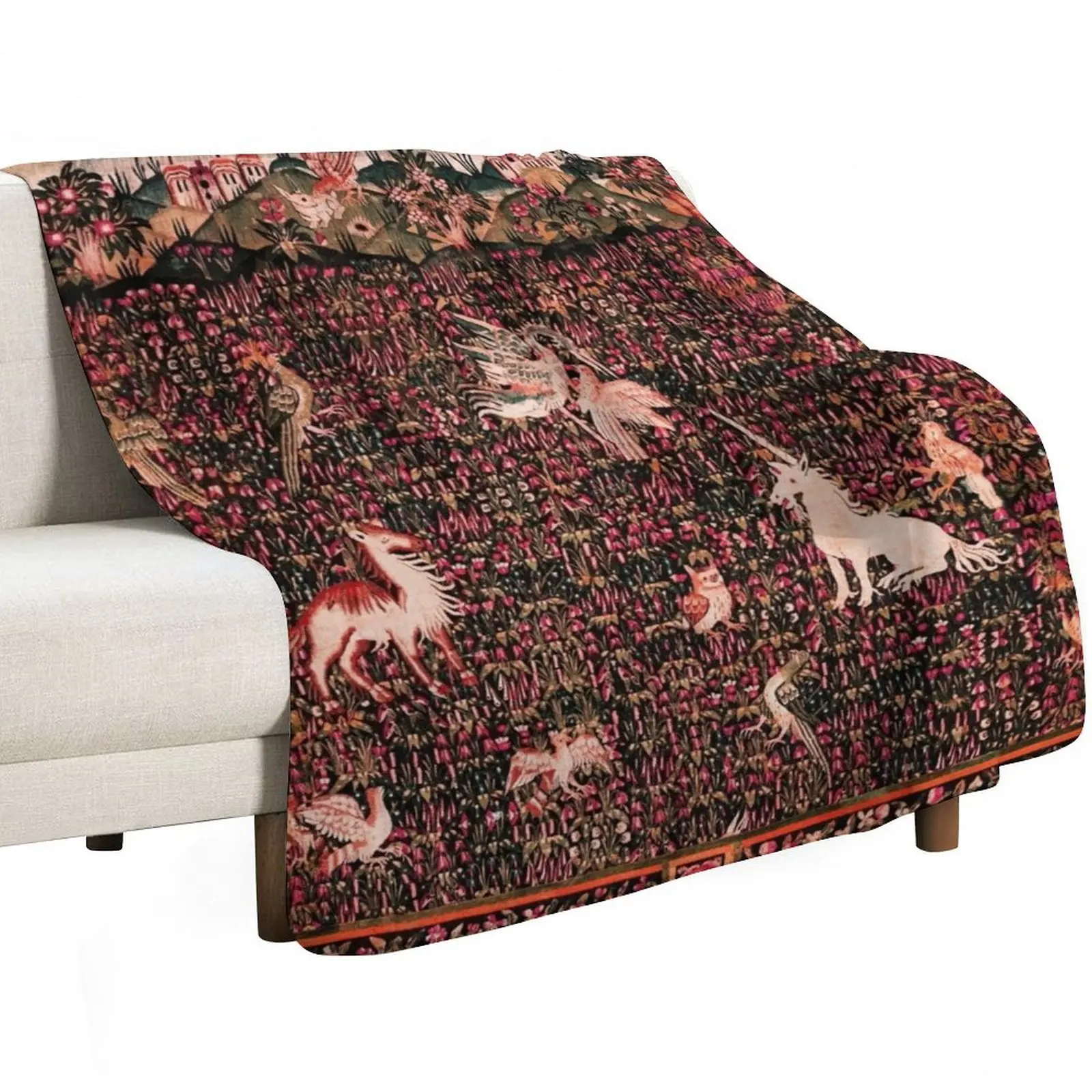 UNICORN AND MEDIEVAL BESTIARY Forest Animals,Millefleurs Red Pink Green Floral Tapestry Throw Blanket Luxury Throw Blankets