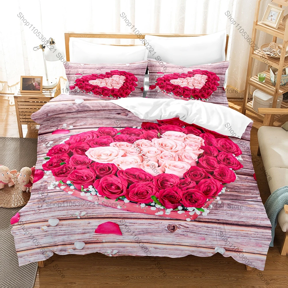 Kawaii Red Rose Love Three Piece Bedding Set Luxury Comforter Set with Queen King Size Cool Two household goods Anime autumn
