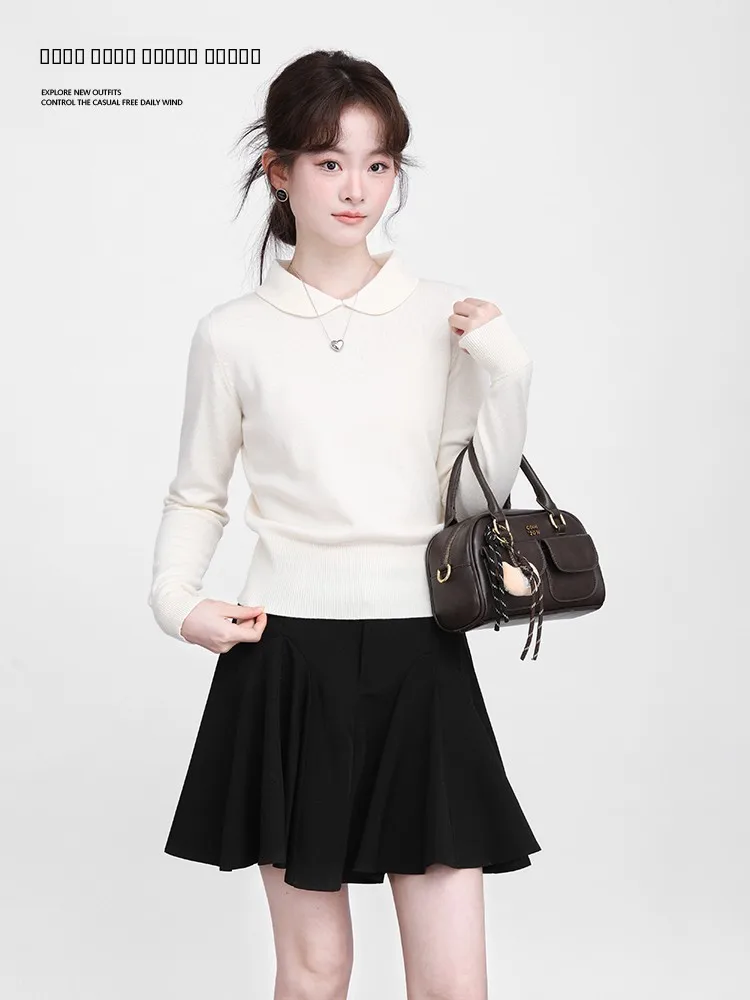 

Весна 2026: Белая вязаная базовая кофта с воротником-стойкой для женщин, милая, с длинным рукавом, простой модный трикотаж