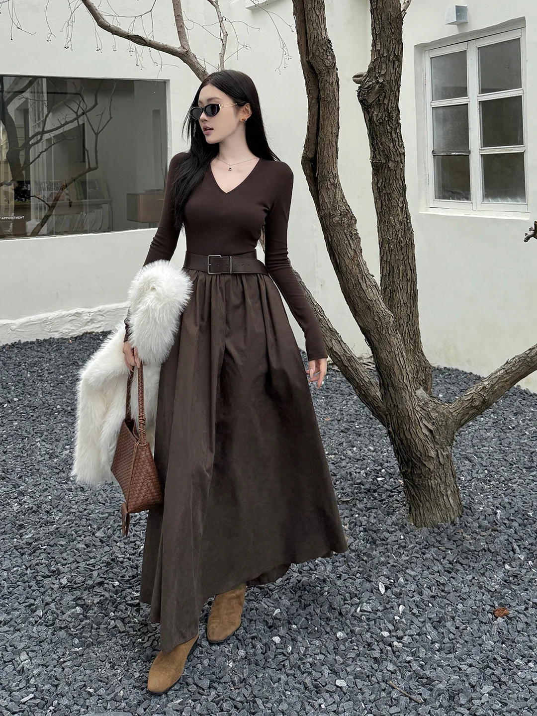Feminino com decote em v café marrom vestido de manga longa cinto francês hepburn casual a linha vestidos na moda camada interna casacos de inverno