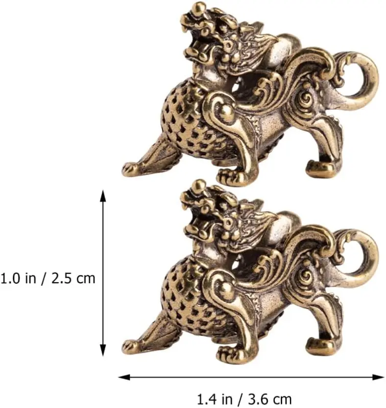2PCS Feng Shui Kylin Statue Brass Pi Yao Figurine Attract Wealth Good Luck Prosperity Office Ornament