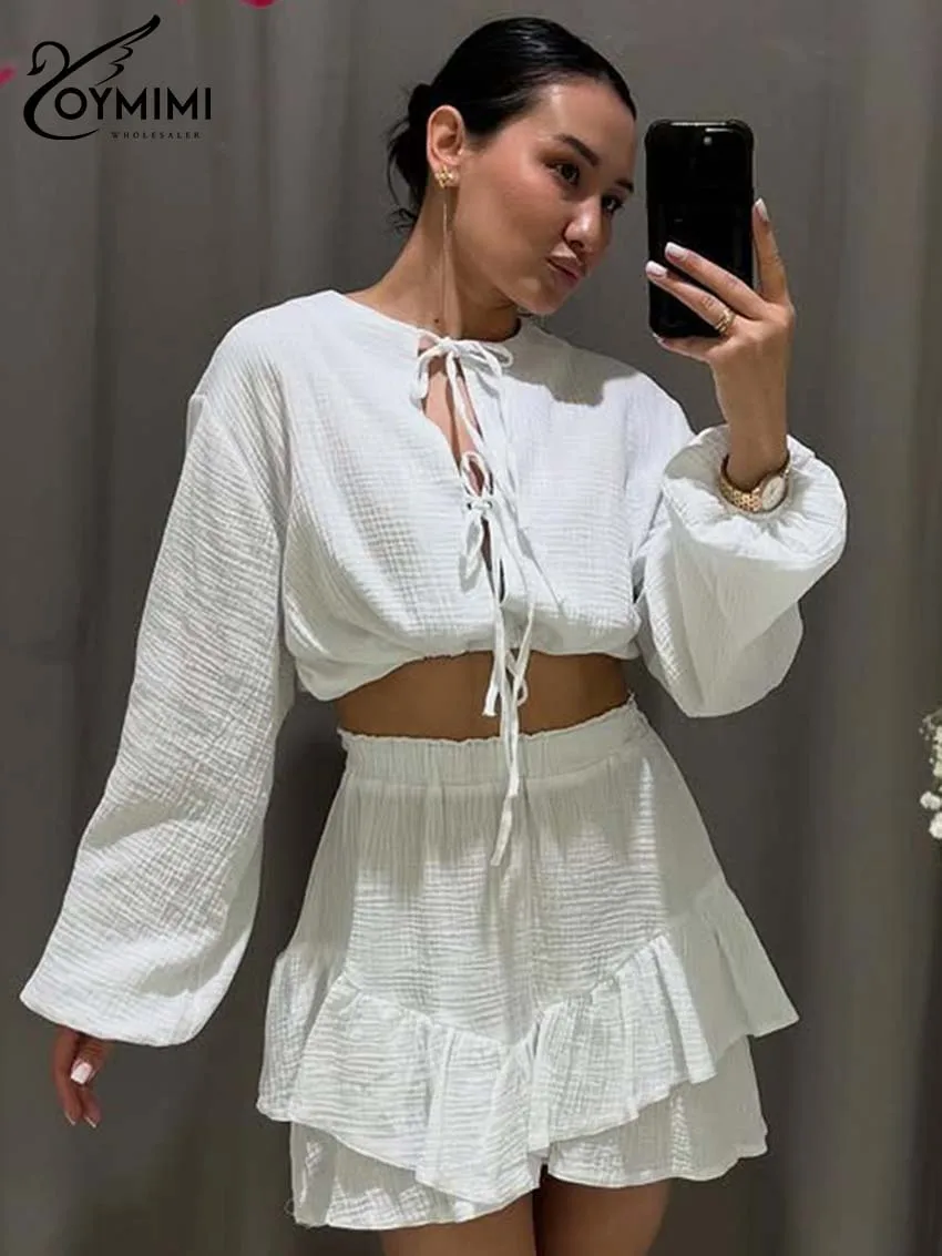 Oymimi Women's White 2 Piece Outfit 2026 Spring Smocked Crop Top And Ruffled Shorts Tie Front Puff Sleeve Casual Party Clothes
