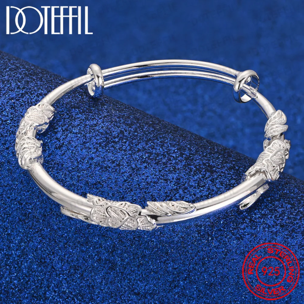 925 Sterling Silver Adjustable Engraved Flower Bangle for Women Wedding Engagement Party Jewelry Accessories