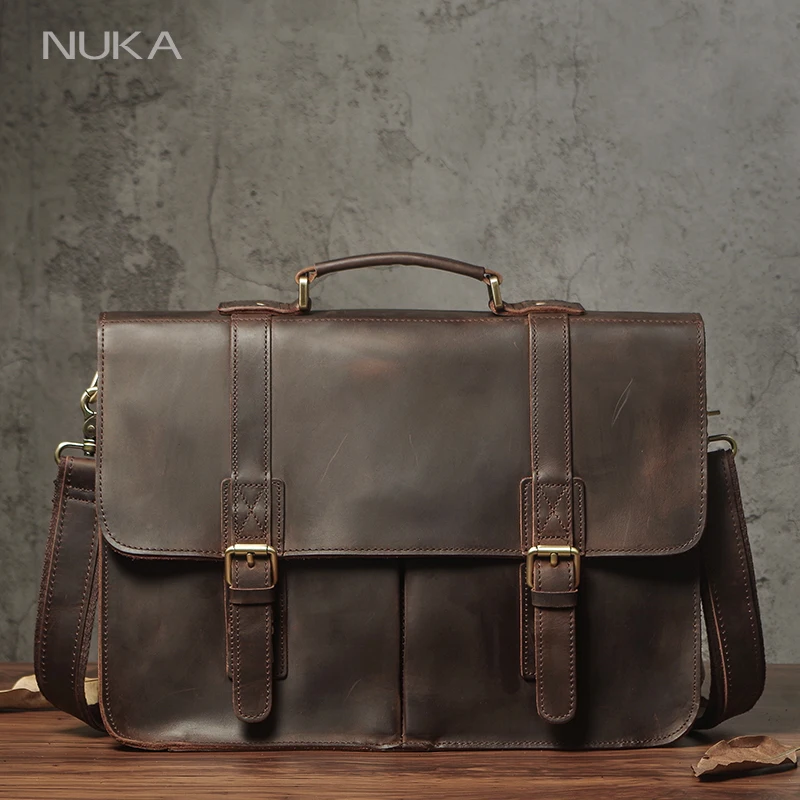 NUKA Men's Executive Briefcase Genuine Leather Business Handbag Top Cowhide Vintage Shoulder Bag Man Office Laptop Messenger Bag