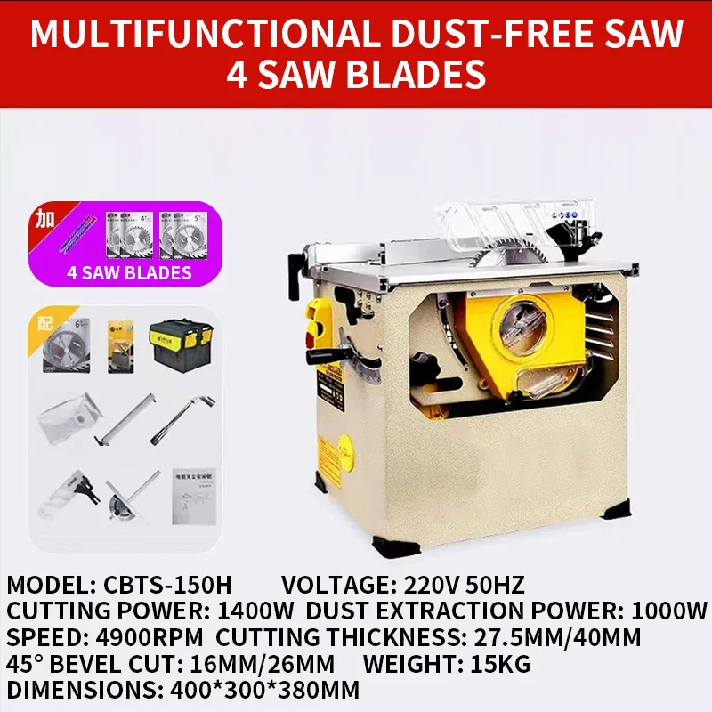 Dust-Free Table Saw for Woodworking—Multi-Functional with Height Adjustment, Bevel Cutting, and Dust Extraction—Ideal for Floori