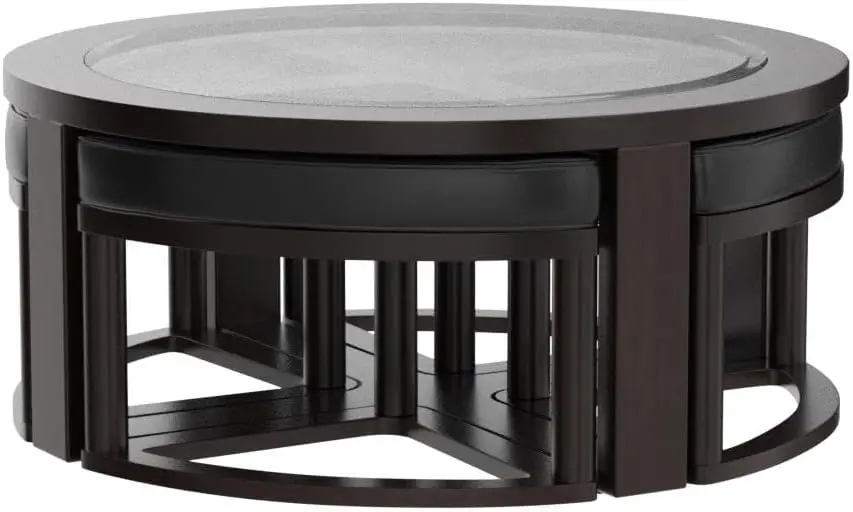 Solid Wood Glass Top Round Coffee Table with 4 Stools, Espresso