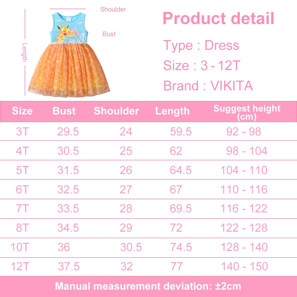 VIKITA Girls Sleeveless Summer Patchwork Dress Kids Giraffe Cartoon Print Infantil Vestidos Kids Mesh Tulle Party Casual Dresses