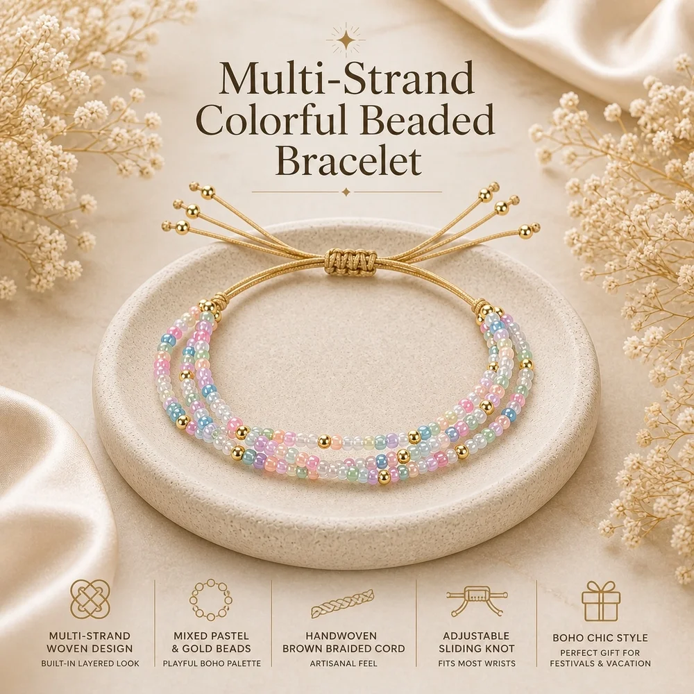 1pc Cute Triple Strand Pastel Round Glass Beaded Bracelet with Gold Color Copper Beads Adjustable Lace-Up for Women