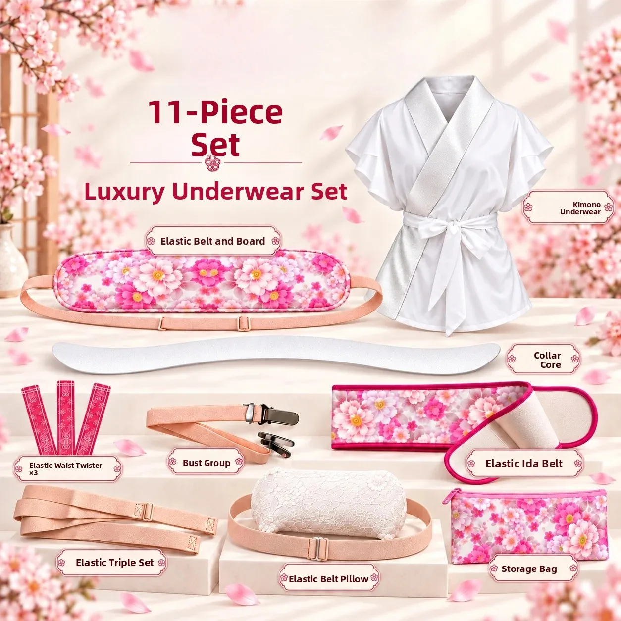 11-Piece Set Traditional Japanese Kimono Accessories Underwear Triple Buckle Obi Chest Strap Board Authentic Ethnic Style