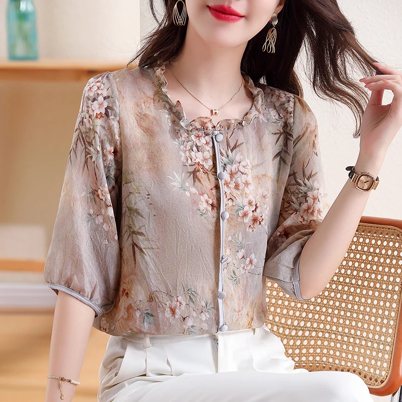 Spring Summer Women Blouse Korean Fashion Floral Printed Shirt Half Sleeve Casual Pullovers Tops