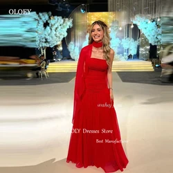OLOEY Simple Red Chiffon Evening Dresses Saudi Arabic  Strapless Shawl Floor Length Party Prom Gowns Customised Formal Occasion