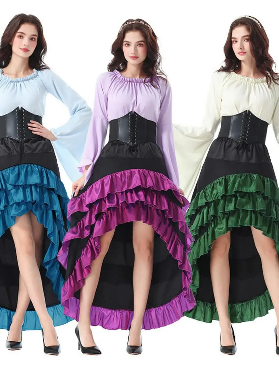 

Retro Pleated Waist Long Dress Medieval Court Style Halloween Cosplay Costume Women's Ethnic Wear Stage Performance Gown