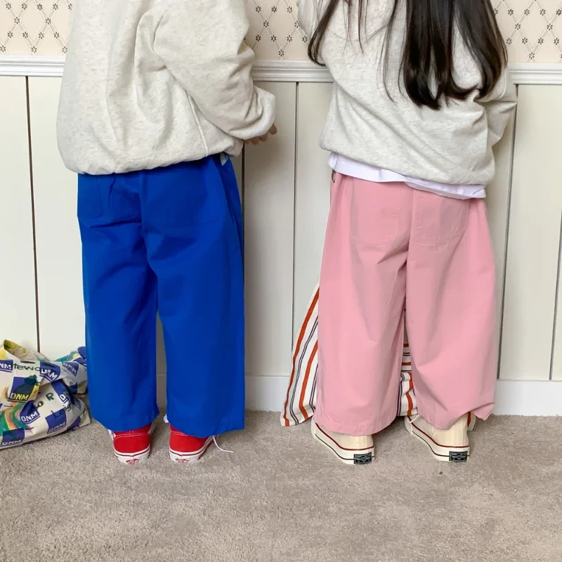 2024 Spring sibling solid color casual straight trousers Boys girls cotton loose wide leg pants